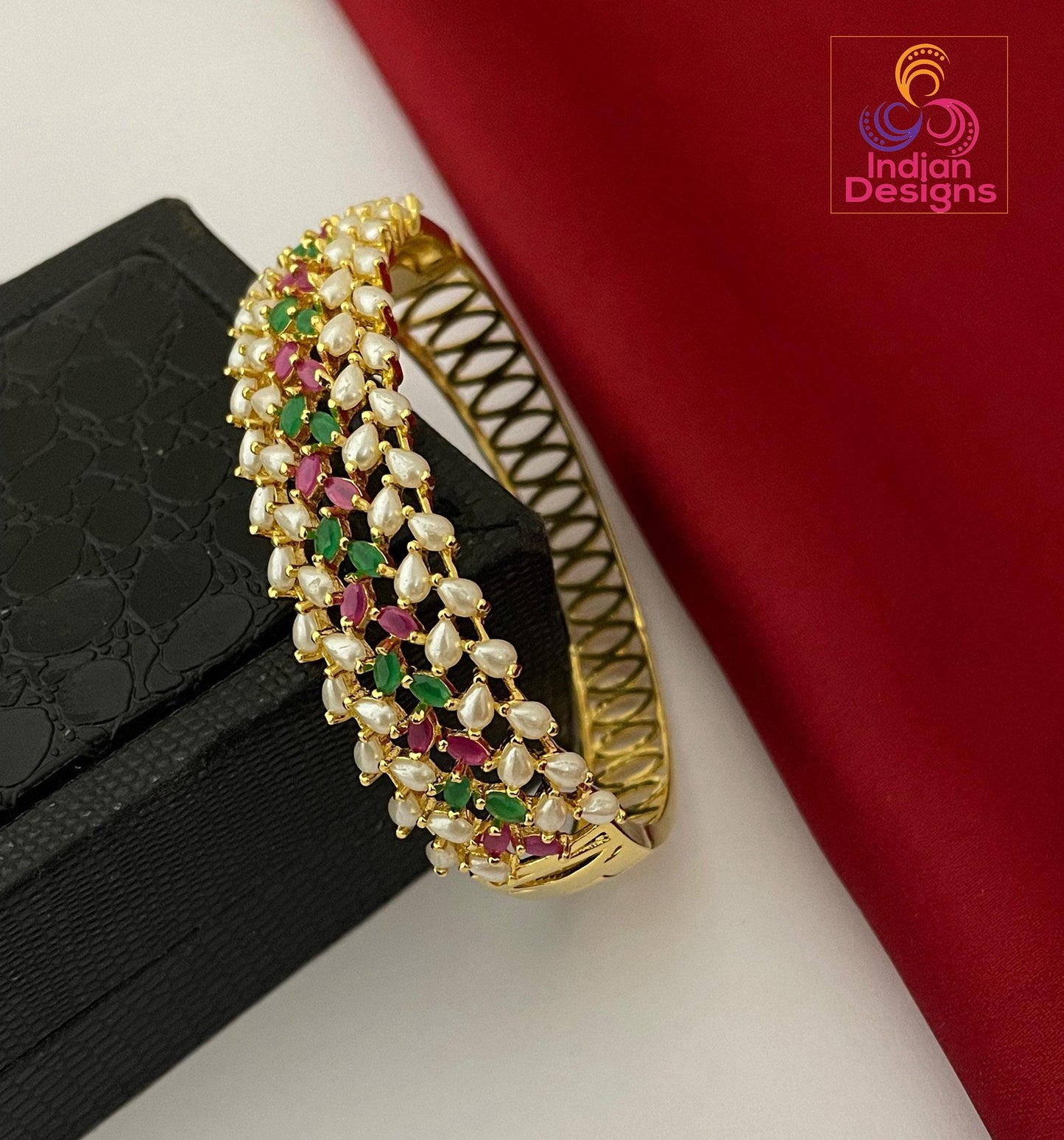 Gold plated pearl bangle| openable gold kada| indian ethnic bracelet| ruby green turquoise stone bangle| statement bangle| gift for her