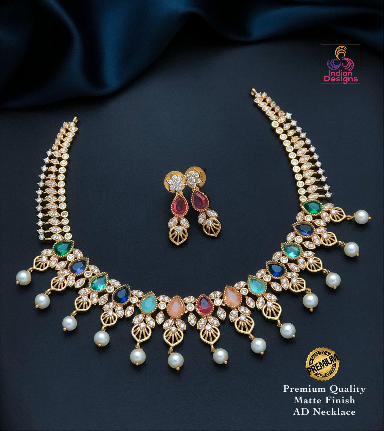 Long gold plated polki mala necklace | matte gold finish haram | ruby green ad stone rani haar with pearls | south indian wedding jewelry