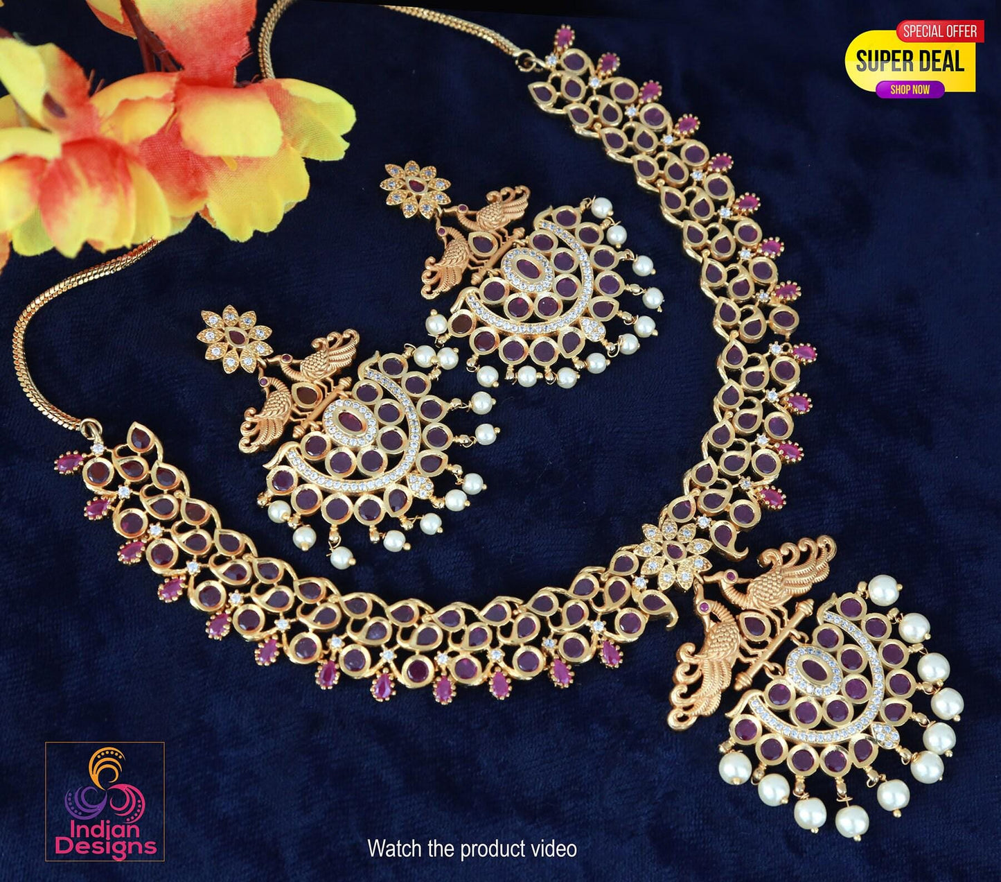 Gold plated american diamond necklace & earrings| statement necklace| indian cz wedding jewelry| peacock designs necklace| kundan necklace|