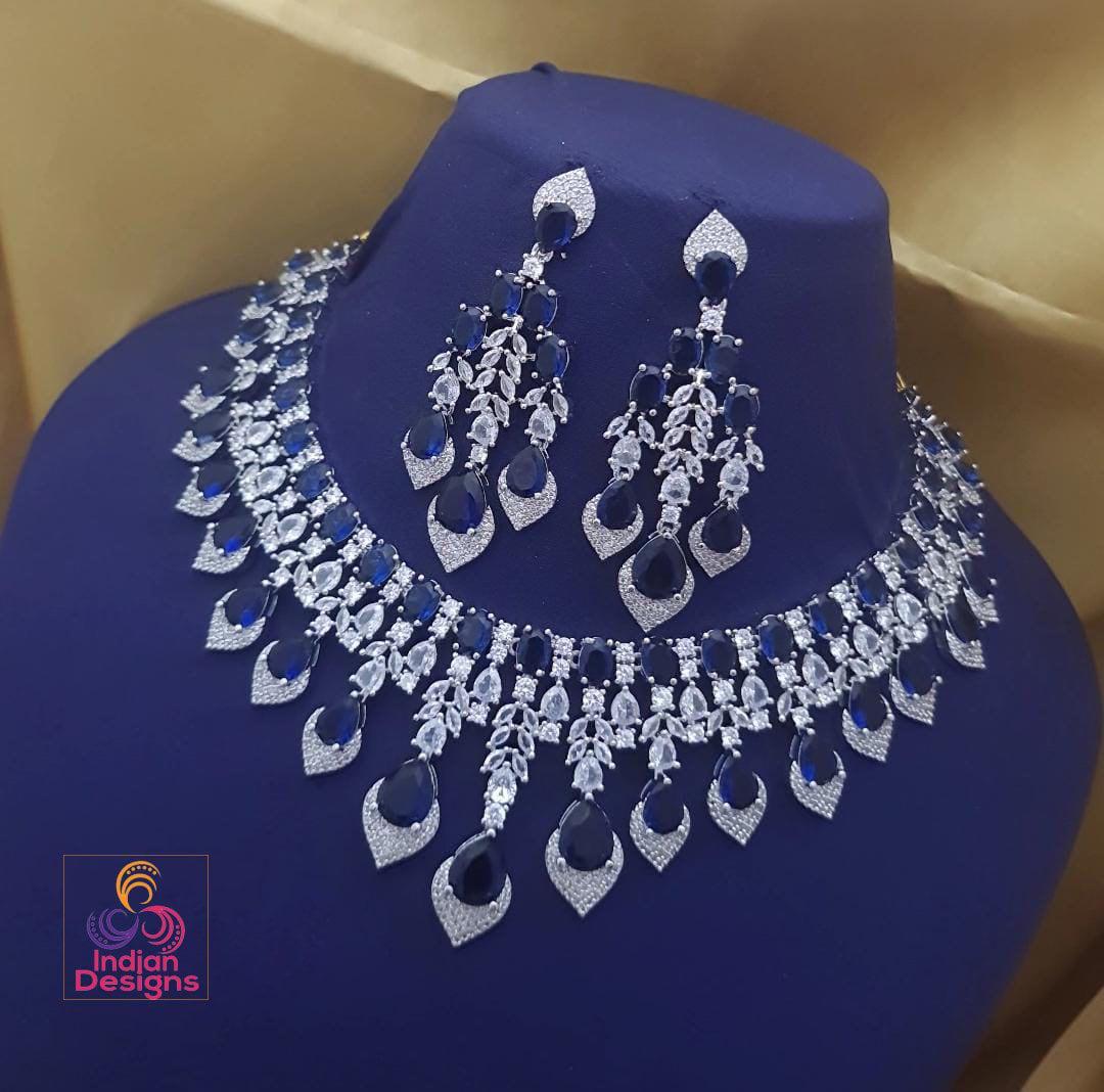 Silver american diamond necklace earring set| statement necklace| cz crystal wedding jewelry| indian bollywood style jewelry| gift for her