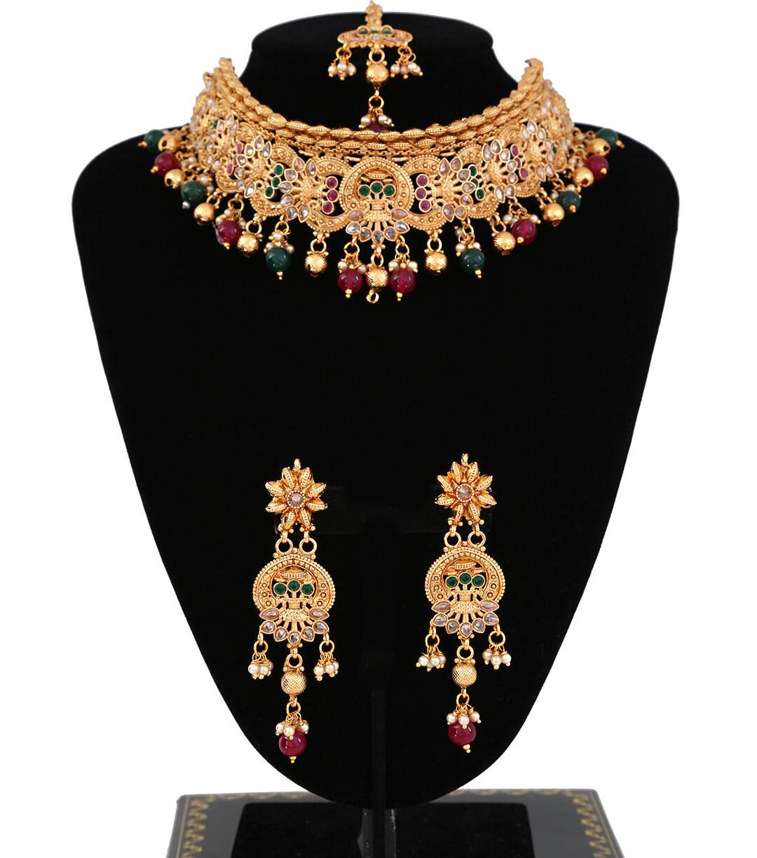 Wedding choker necklace set | polki necklace set|ruby and emerald bridal jewelry|synthetic stone studded necklace earrings and tikka