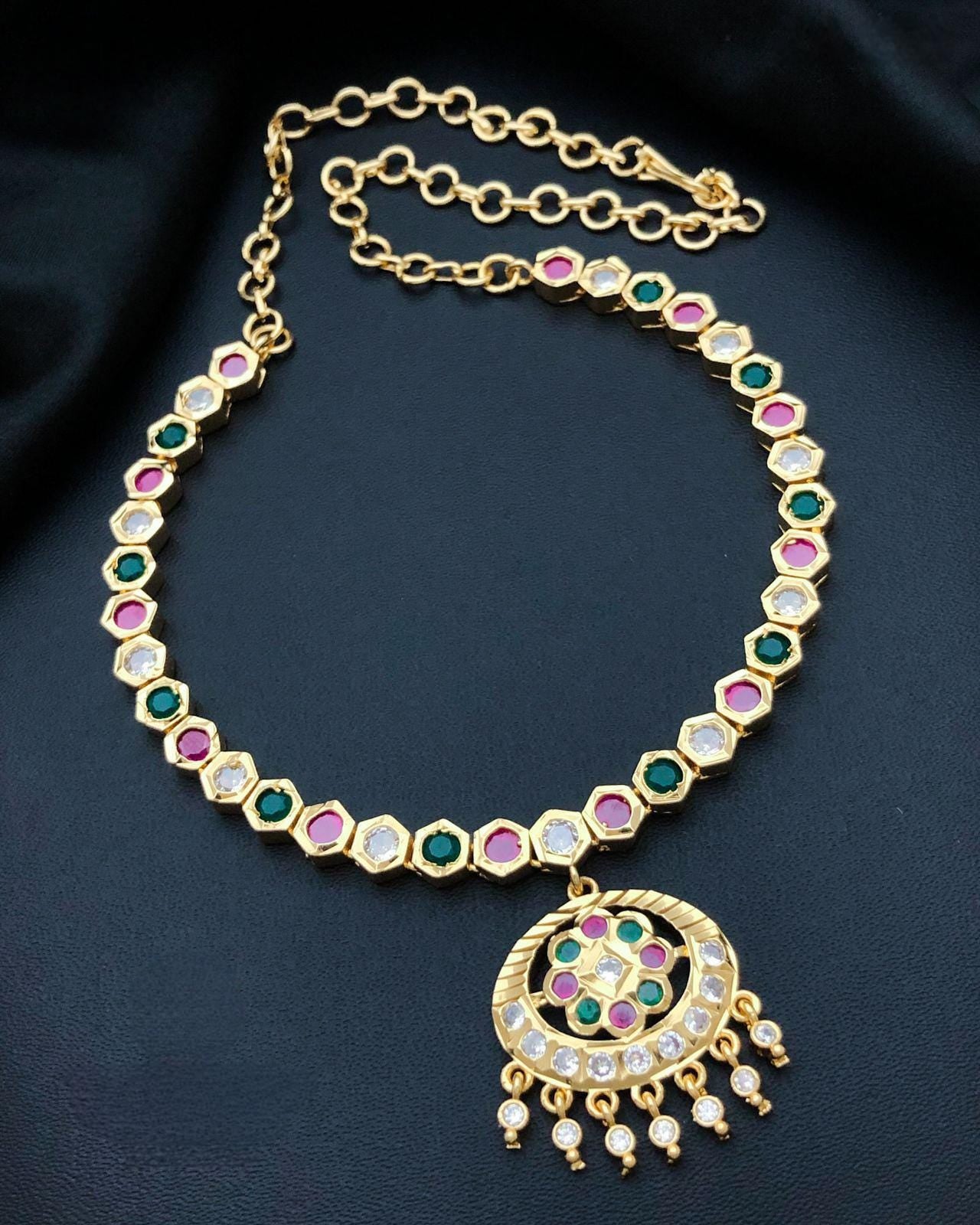 Gold plated ruby emerald attigai necklace set| american diamond cz choker simple necklace| indian jewelry| south indian style| gift for her