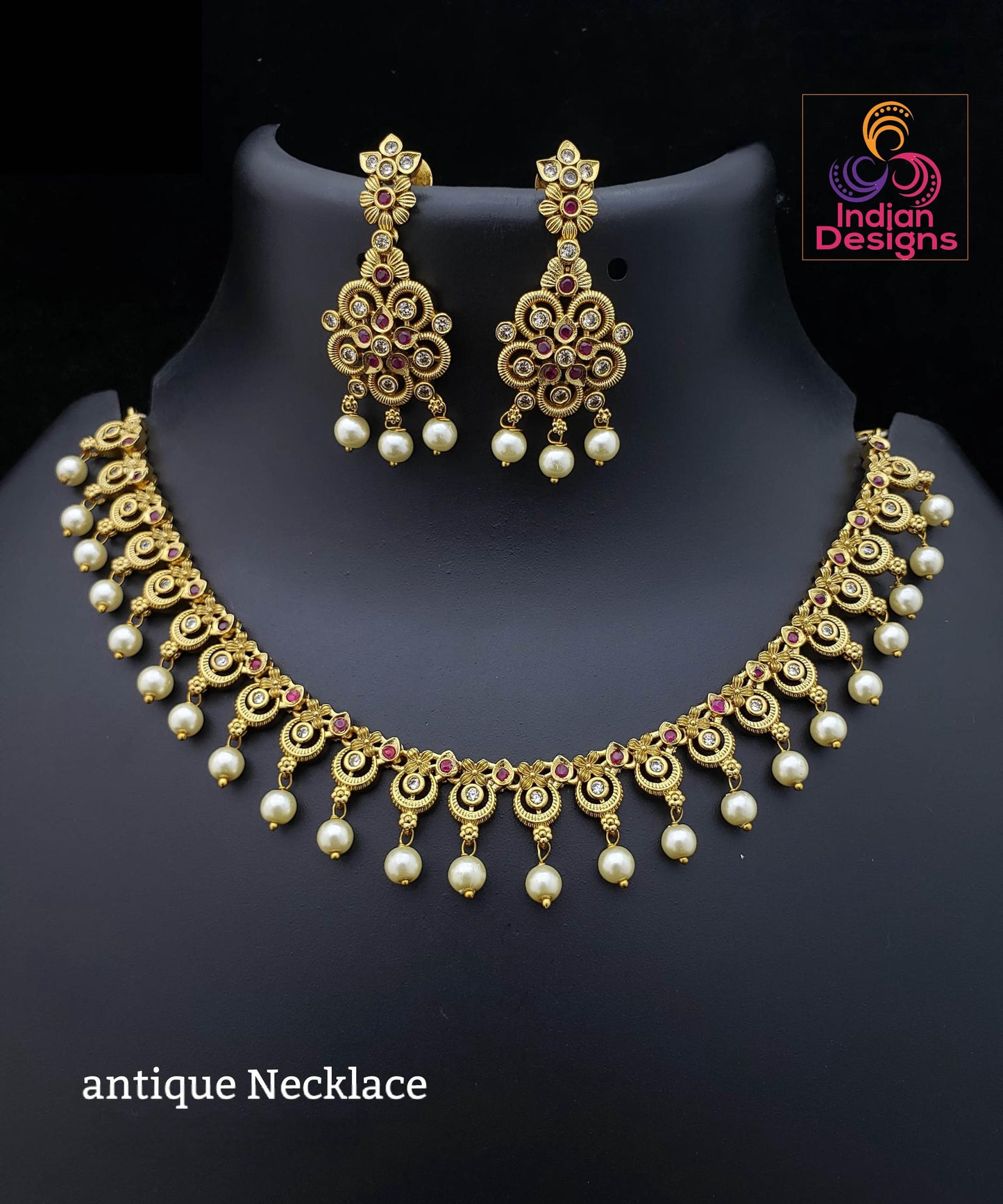 Traditional antique gold necklace with earrings | matte finish temple jewelry | south indian bridal & festival jewelry set| gift for her