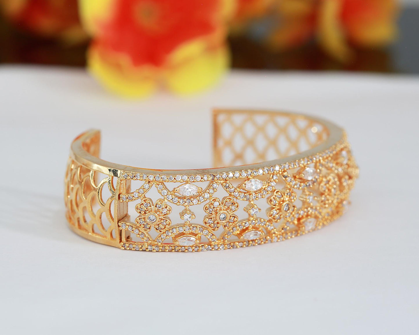Gold-Plated Open Cuff Bangle with Floral and Ruby Accents| Filigree Design Women’s Bracelet| Statement Fashion Bangle| Luxury CZ Gold Bangle