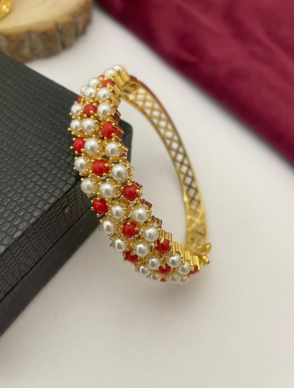 Multicolor Stone and Pearl Gold Plated Bangle Bracelet| Cuff Bracelet for Weddings| Gold Plated Real Pearl Bracelet with Ruby Emerald stone