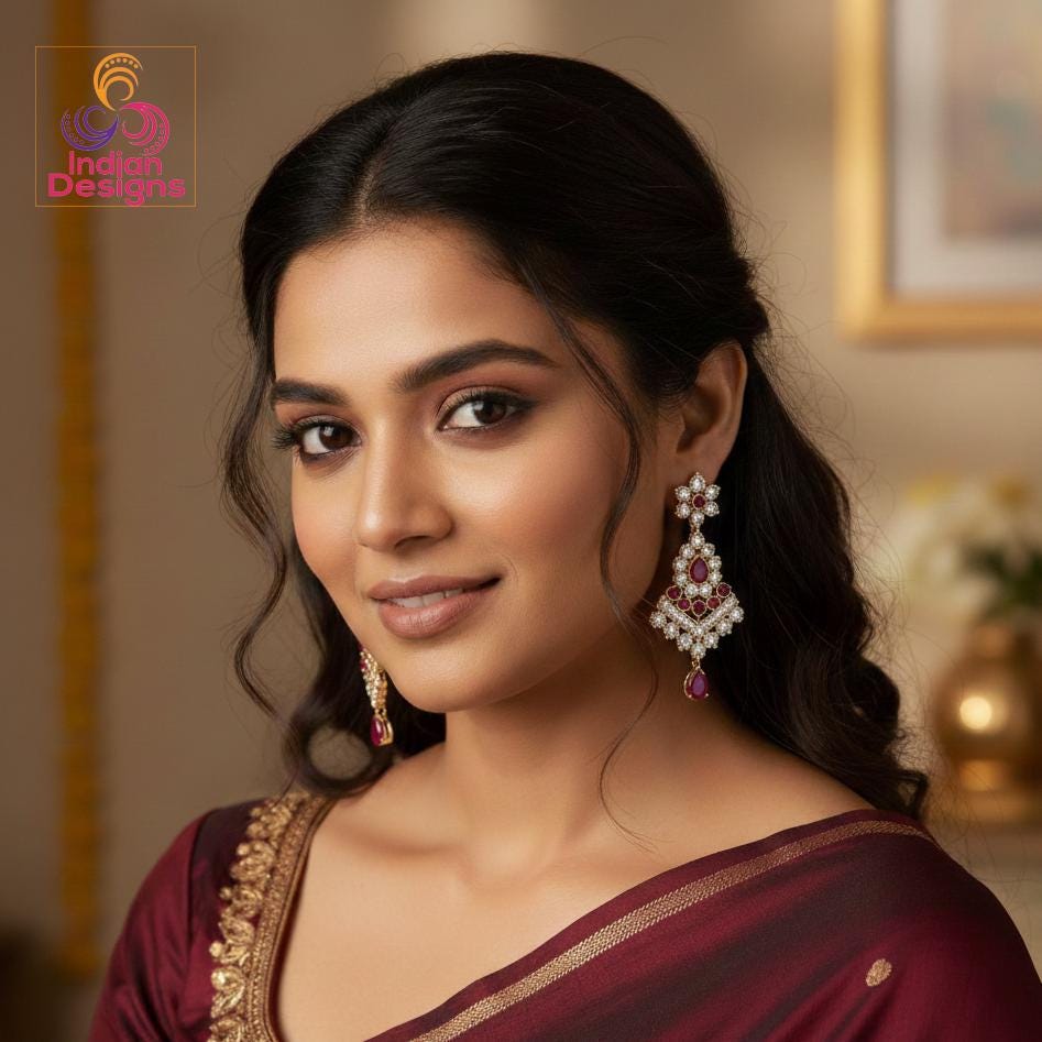 Ruby drop ad stone earrings| long indian wedding dangler jewelry| gold plated bridal statement earrings| party wear earrings| gift for her