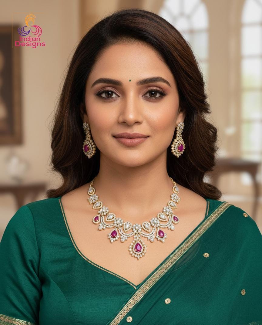 Indian wedding ad choker necklace & earrings| gold plated, ruby or emerald green american diamond necklace| statement necklace| gift for her