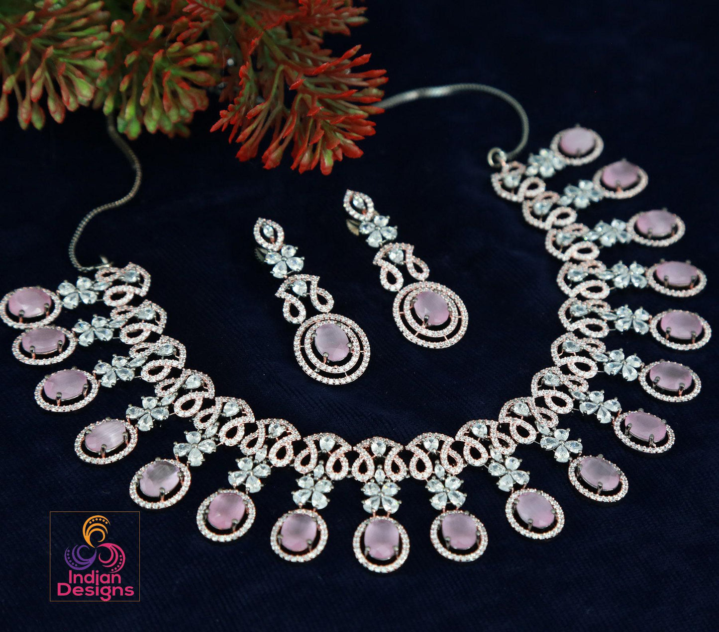 Pink Wedding necklace with American Diamond Cz stones| Statement jewelry| Rose gold and Oxidized Black Polish Choker jewelry| Gift for Her