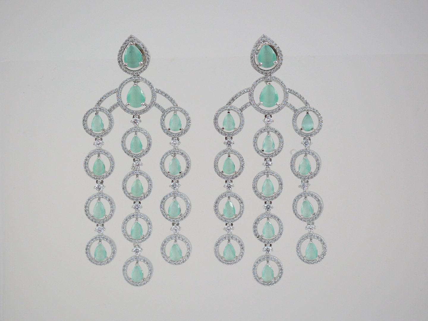 Crystal chandelier earrings for wedding | Silver teardrop dangle earrings | Cz bridal chandelier earrings | Triple strand long drop earrings