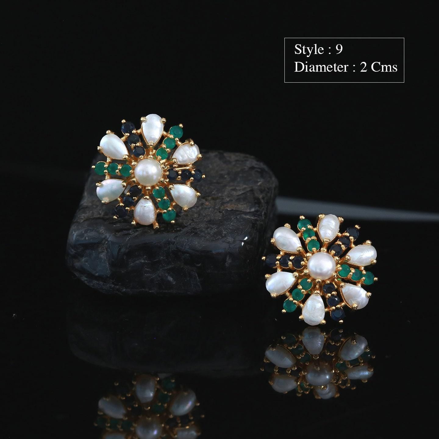 Pearl and emerald stud earrings | real small pearl stud earrings green floral design | gold plated minimalist pearl simple cz earrings tops