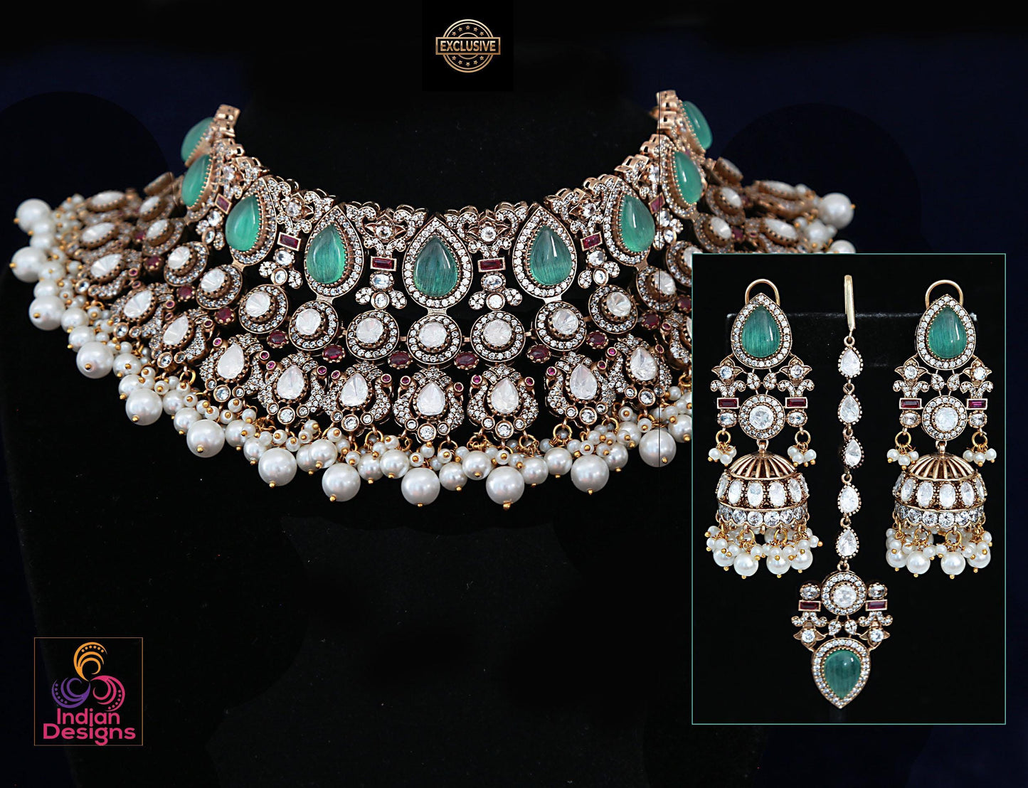 Mint green victorian doublet moissanite polki choker necklace, jhumka earrings, maang tikka & pearl drops|big size statement wedding jewelry