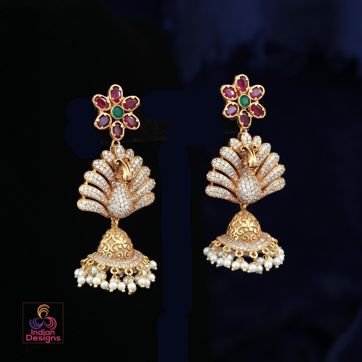 Traditional gold jhumka indian earrings| american diamond cz stone peacock design & pearl drops long earrings|south indian wedding earrings