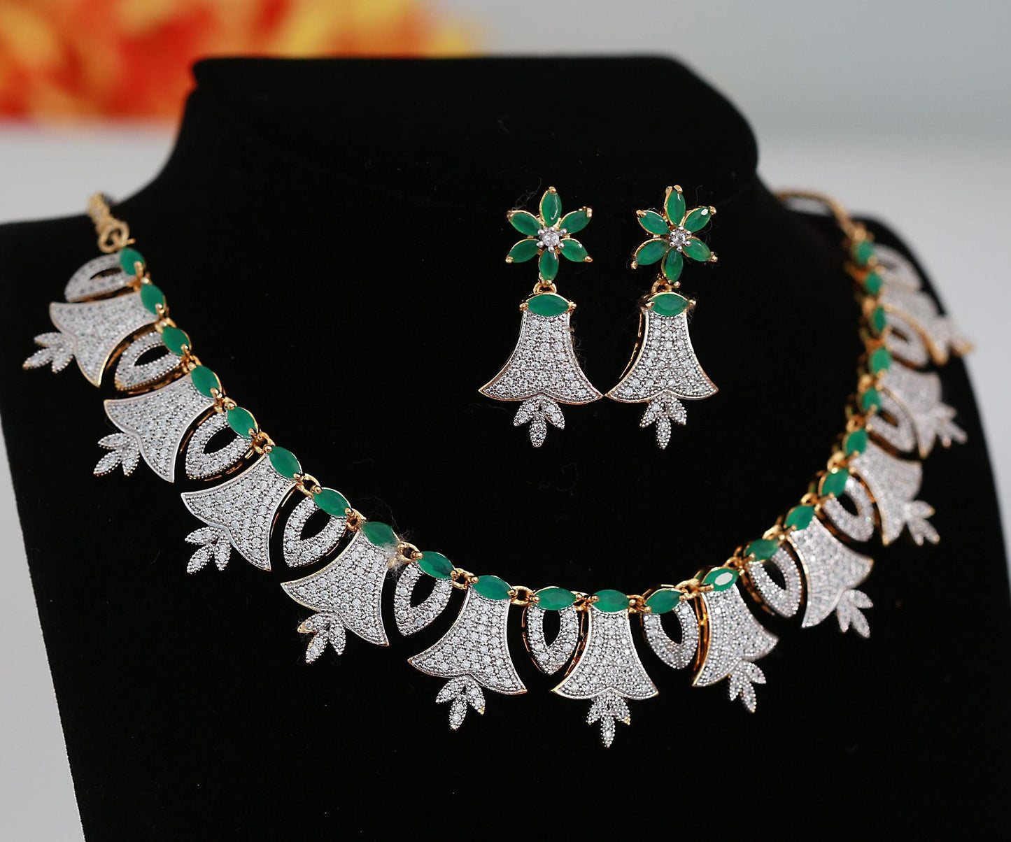 Green & cz diamond necklace set| gold-plated indian jewelry | american diamond necklace and earrings| green ad stone necklace| gift for her