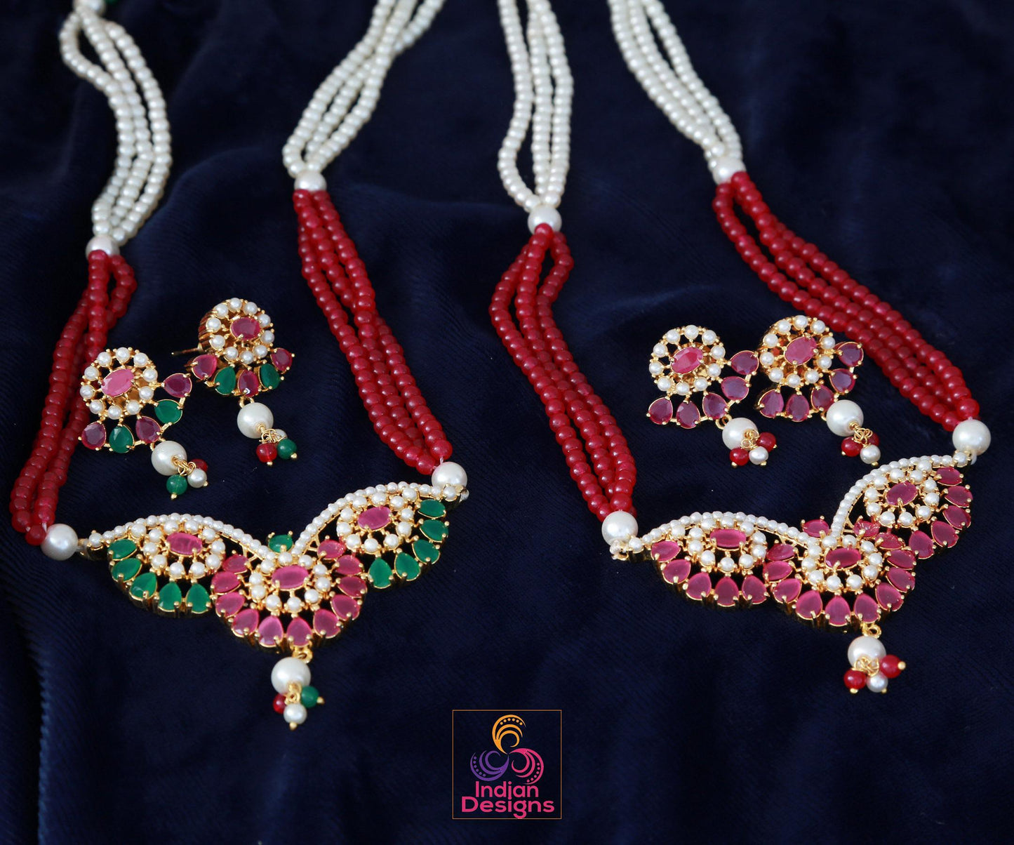 Gold plated cz stone pearl mangalsutra| american diamond mangalsutra long necklace with earrings| ad pendant and earrings set| gift for her