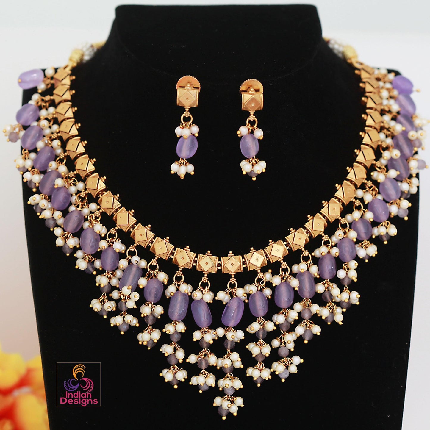 Red bead & pearl necklace set | gold plated traditional choker | indian bridal jewelry | festive necklace set with earrings | gift for her