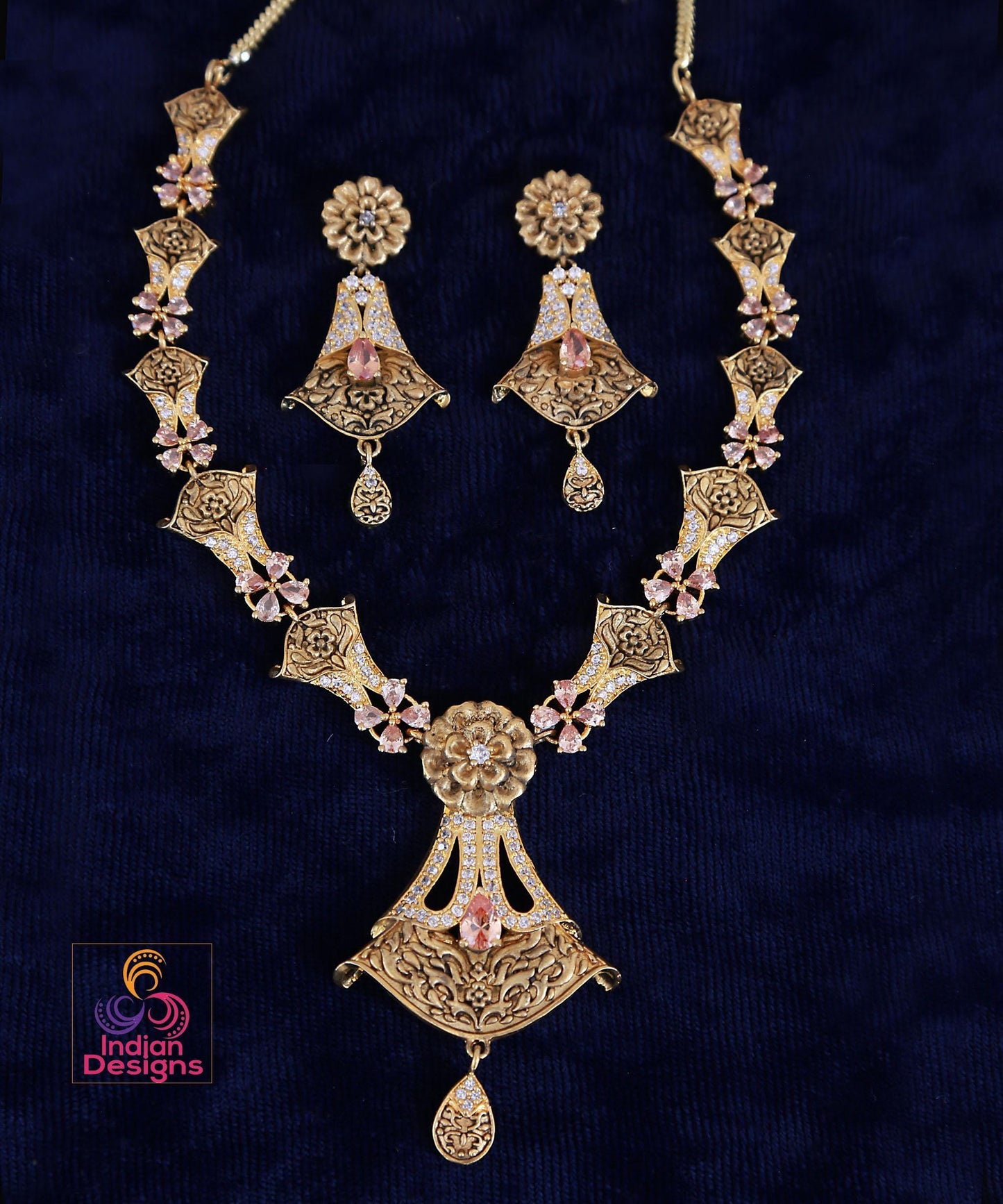 Gold plated ad stone floral necklace and earrings| indian jewelry| american diamond matte gold necklace| temple style cz ruby green jewelry