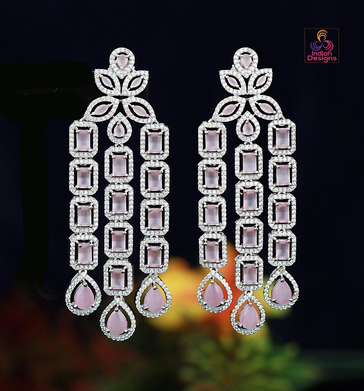 Best Quality Rose Gold American Diamond CZ Indian Jewelry Earrings | Long AD Indian Bollywood Pakistani Designer Earrings | Trendy Earrings