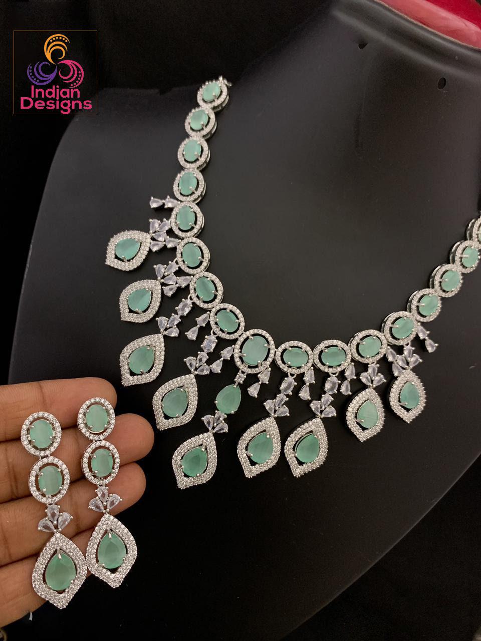 Mint Green Statement Necklace | American diamond necklace set rose gold | Cz ad Indian jewelry sets | Beautiful Pakistani Jewelry designs