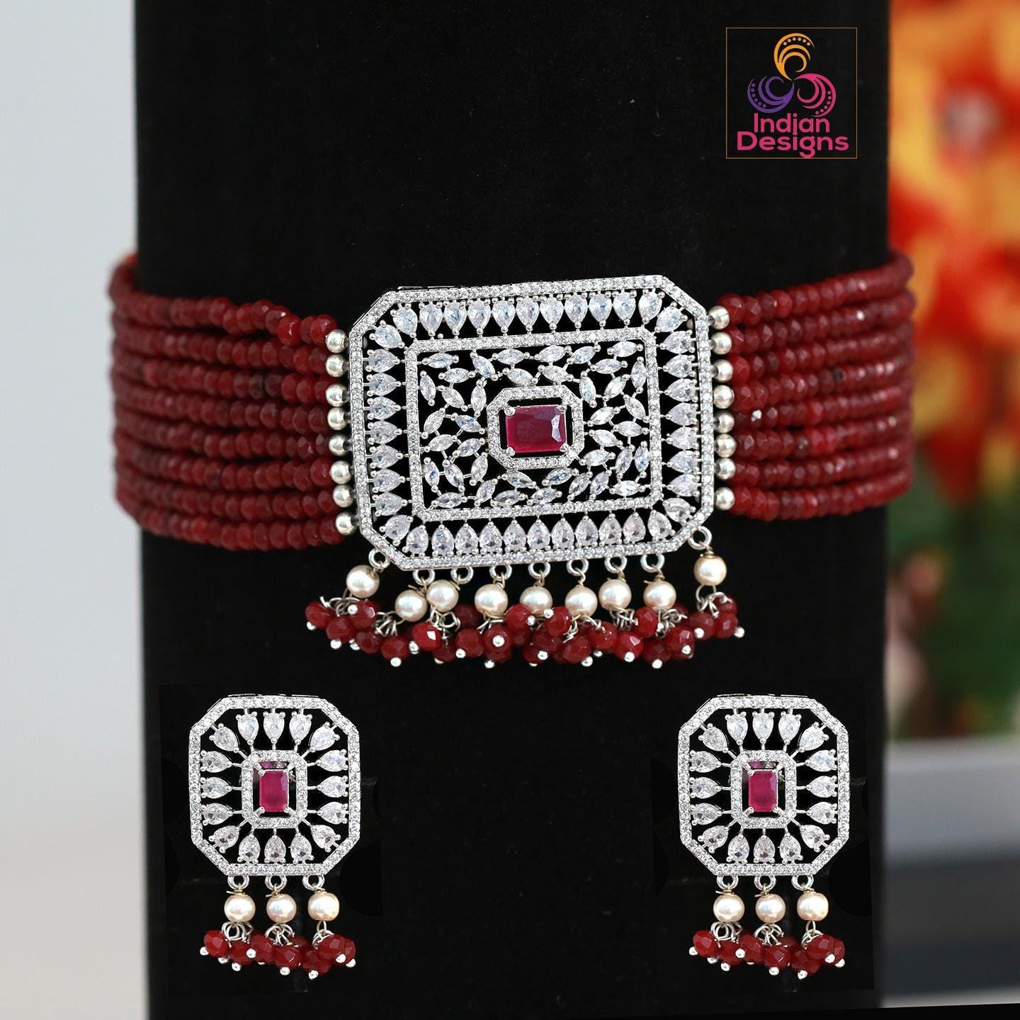 Rose gold american diamond choker | multi strand beaded necklace with crystal pendant | cz choker | indian wedding jewelry | pink cz choker