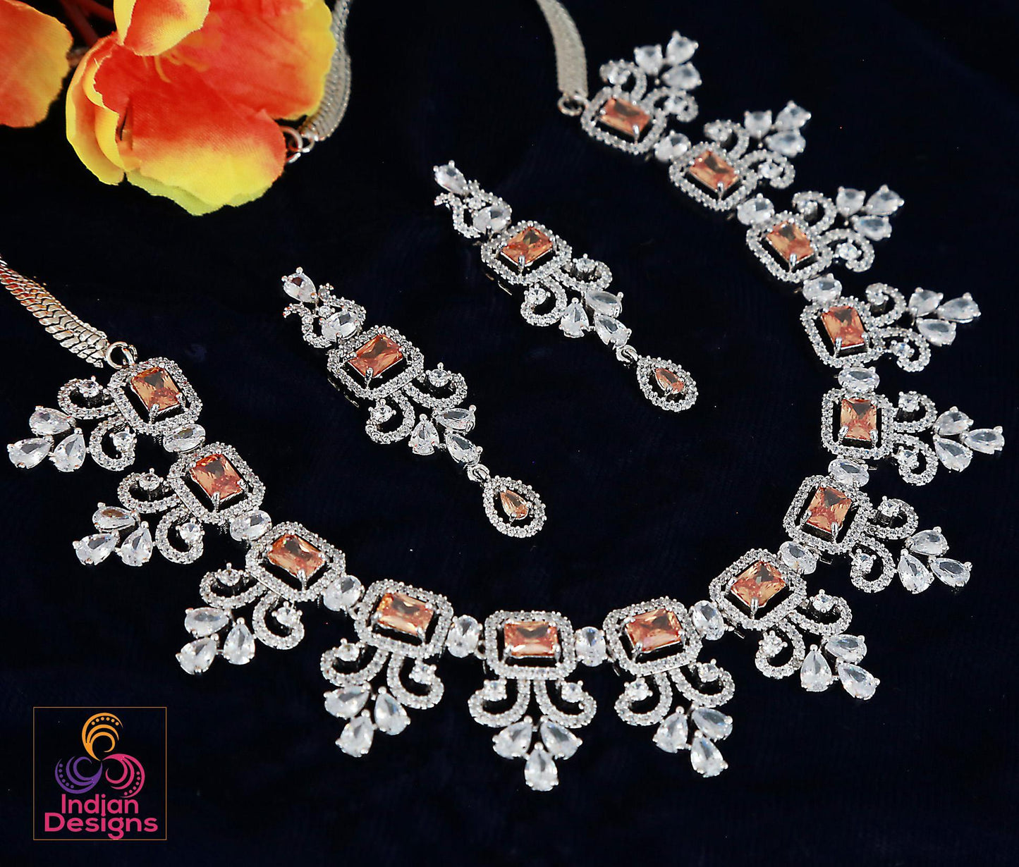 American diamond blue sapphire/emerald green/topaz necklace &earring set| silver tone indian/pakistani/punjabi wedding jewelry| gift for her