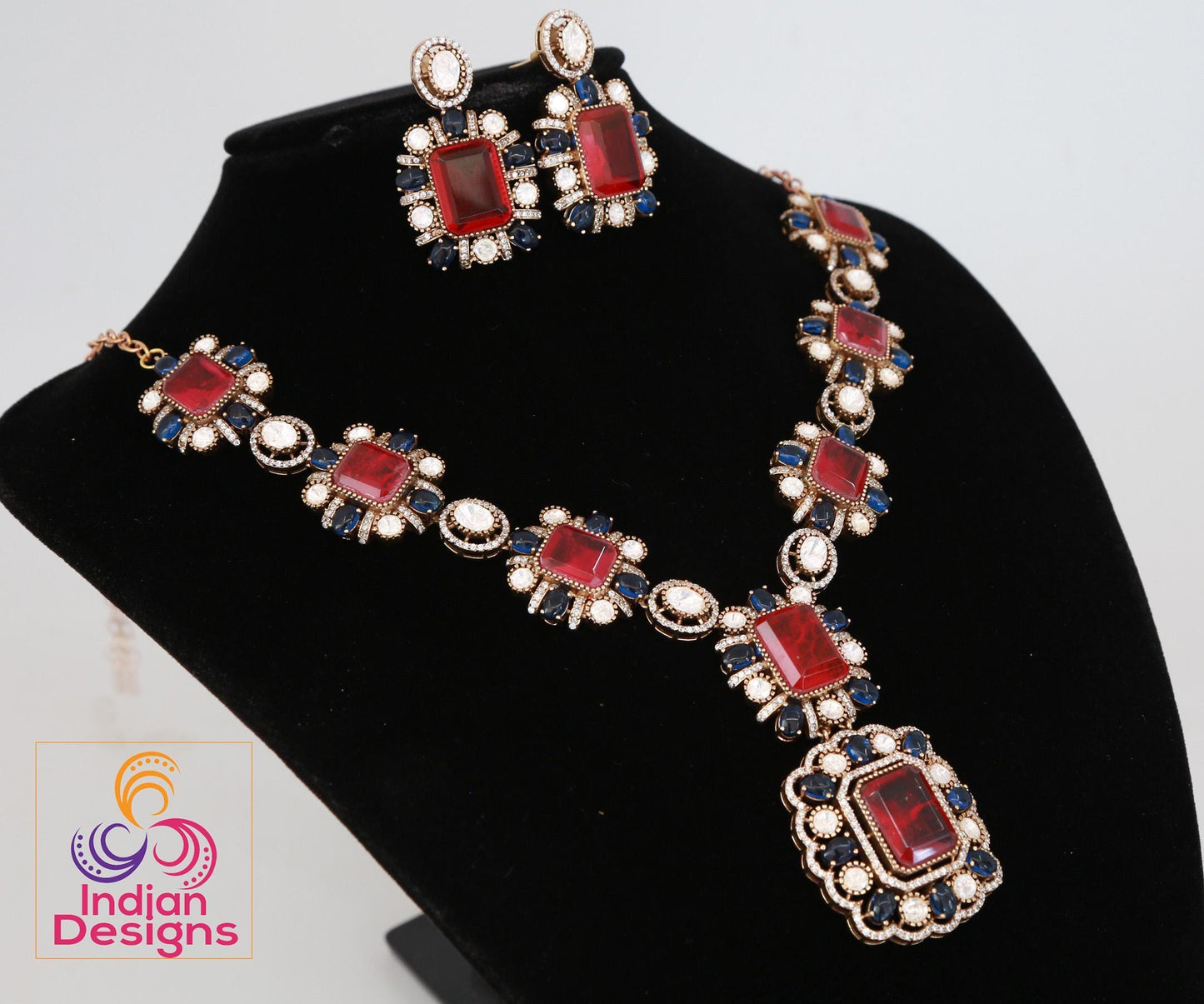 Doublet stone moissanite polki necklace & earring set| victorian gold emerald and pink kundan sabyasachi statement necklace set|gift for her