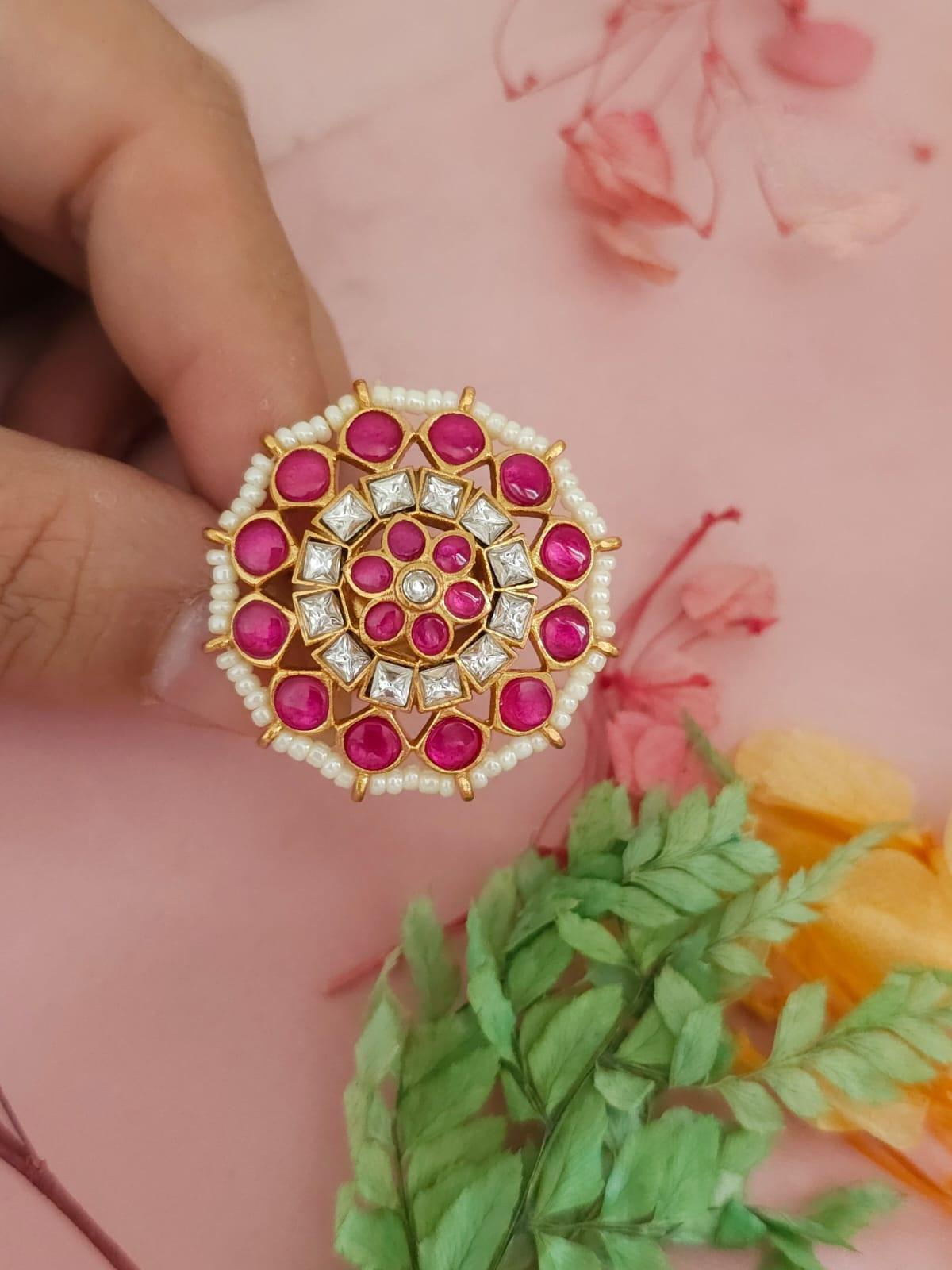 Adjustable multi-color stone ring| traditional indian cocktail ring| gold plated statement ring| kundan style gemstone ring| gift for her