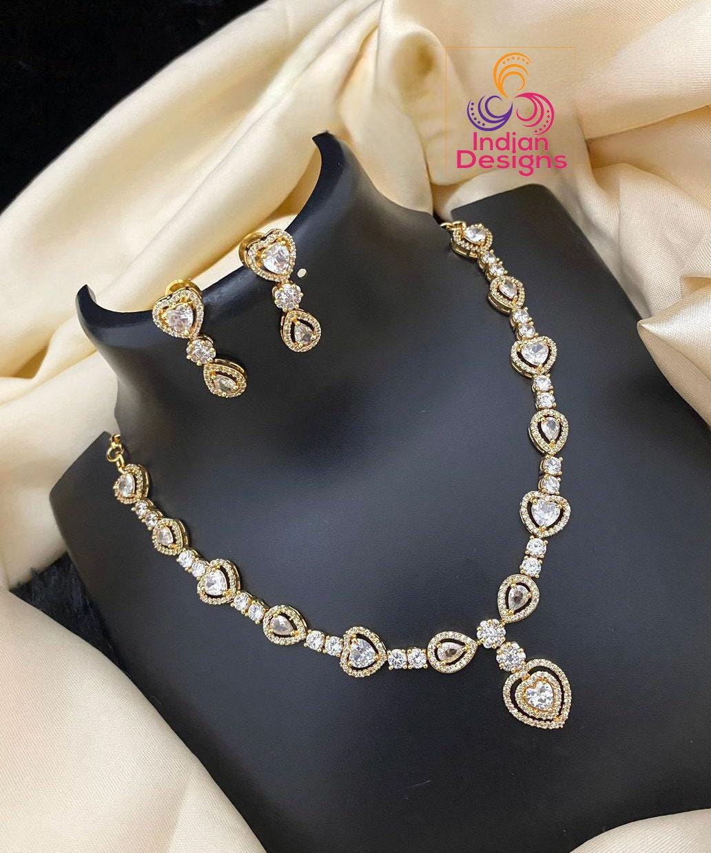 American Diamond Necklace-22k Gold polish | Emerald Ruby CZ Diamond choker Earrings | Indian jewelry sets |Party wear necklace |Gift for her