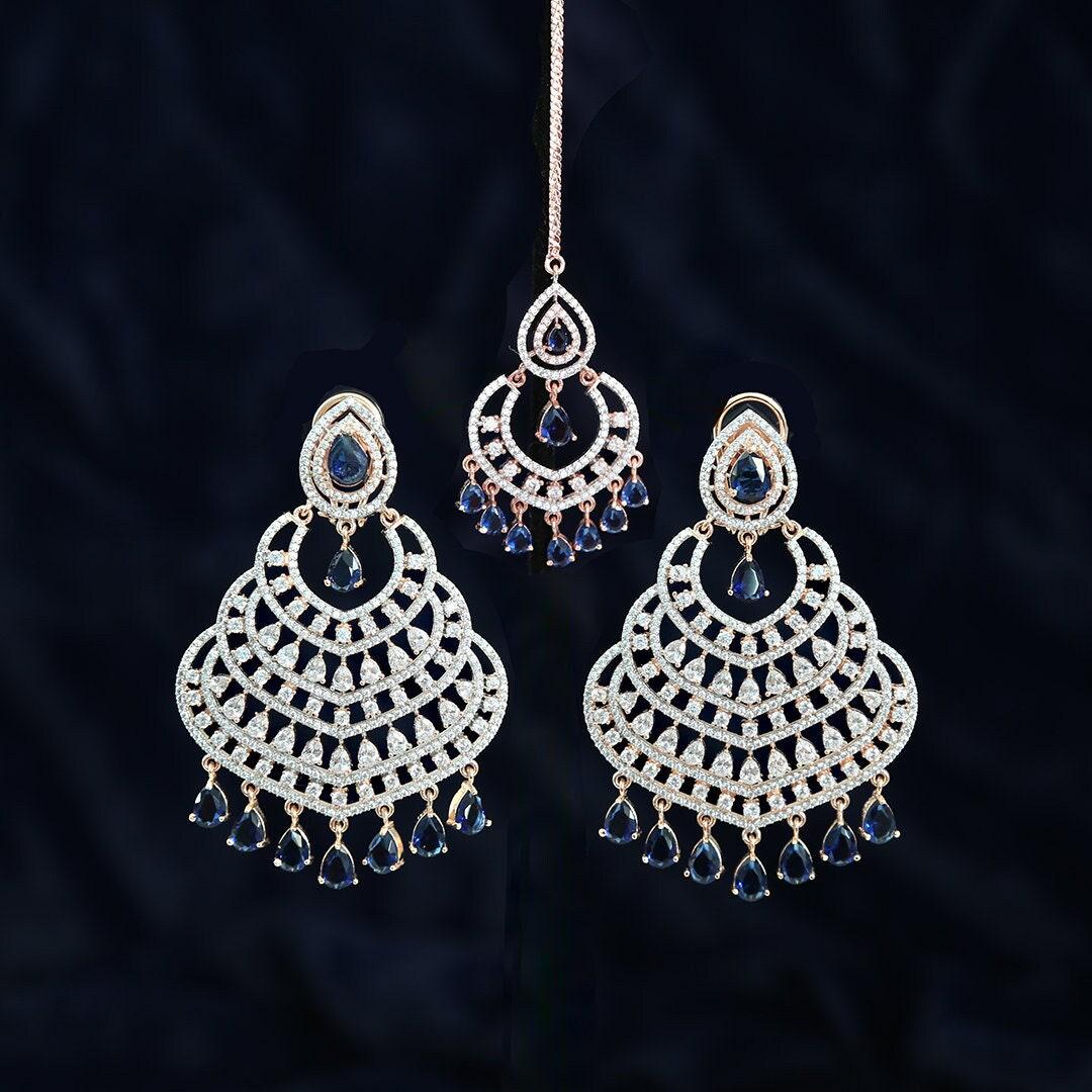Exceptional quality rose gold chandbali chandelier earrings maang tikka combo bollywood celebrity jewelry