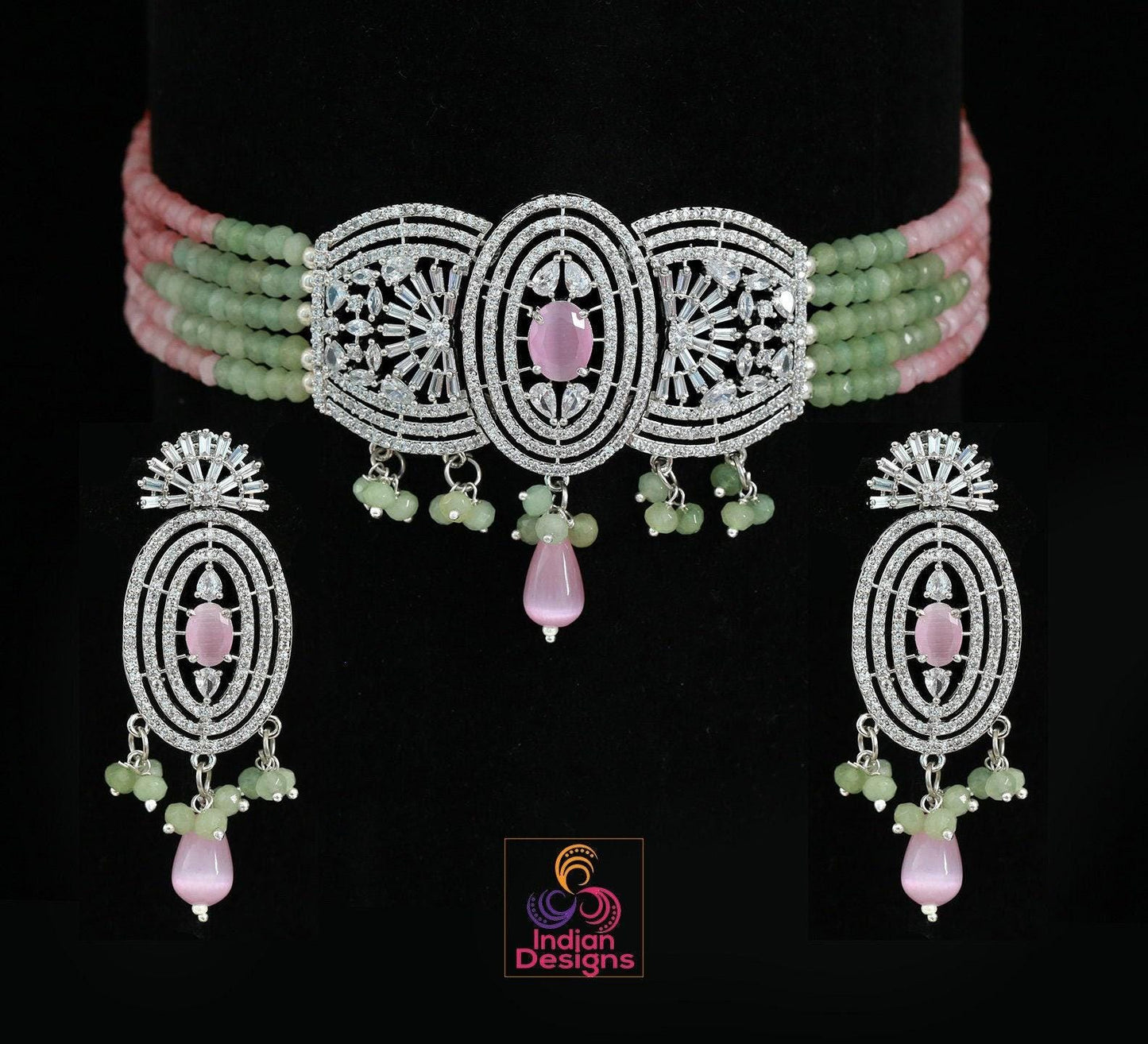Cute silver cz choker necklaces | american diamond indian choker earring set | pakistani choker necklace | indian wedding bridal necklace