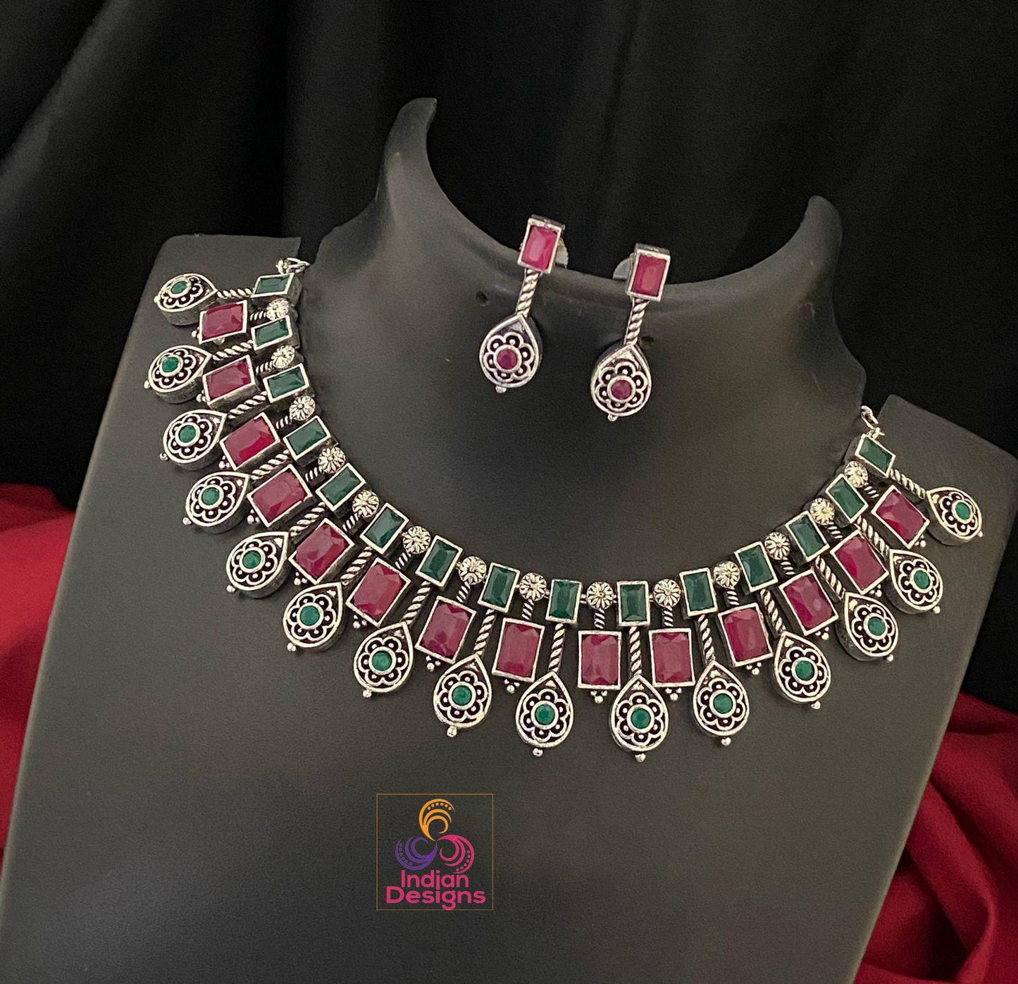 Traditional indian silver oxidized choker necklace with multicolor gemstones & matching earrings set| german silver jewelry | gift for her