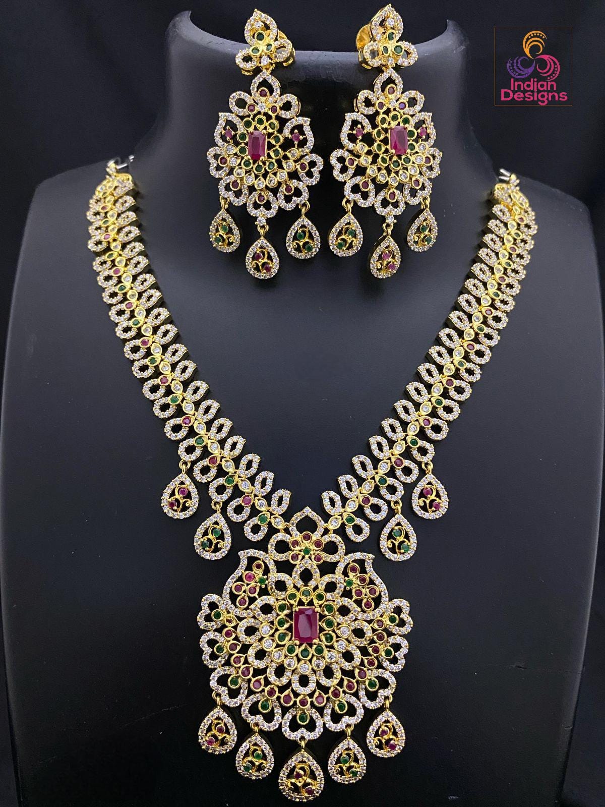 Gold plated american diamond ruby/green necklace with jhumka earrings| south indian style wedding necklace| statement necklace| gift for her