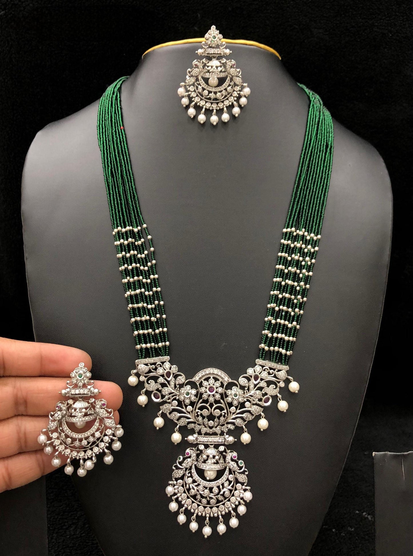 Multi-strand silver pendant necklace set with matching earrings - available in green, red, and black beads| statement silver necklace