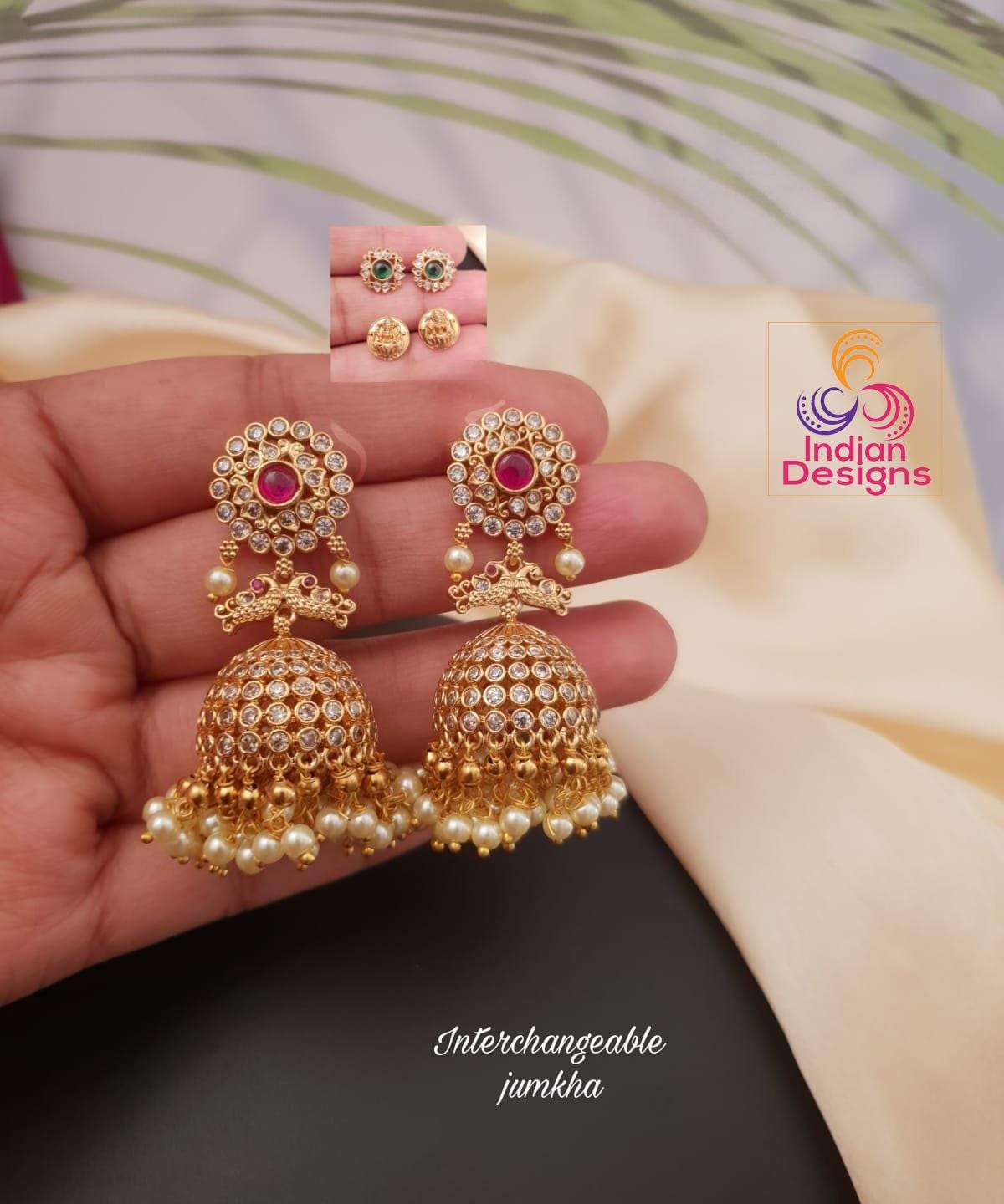 Ad stone interchangeable jhumkas| 18k gold plated matte finish indian earrings| south indian changeable style jhumki with pearls and beads