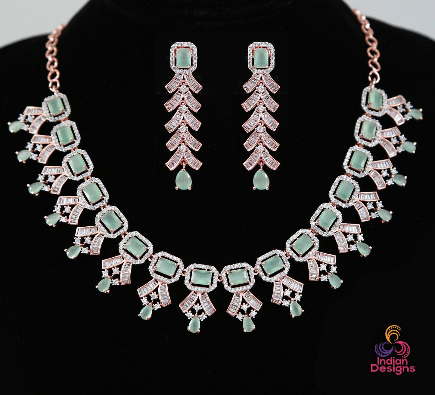 Rose gold american diamond necklace set | pink cz diamond necklace set | emerald cut crystal necklace | indian bollywood jewelry necklace