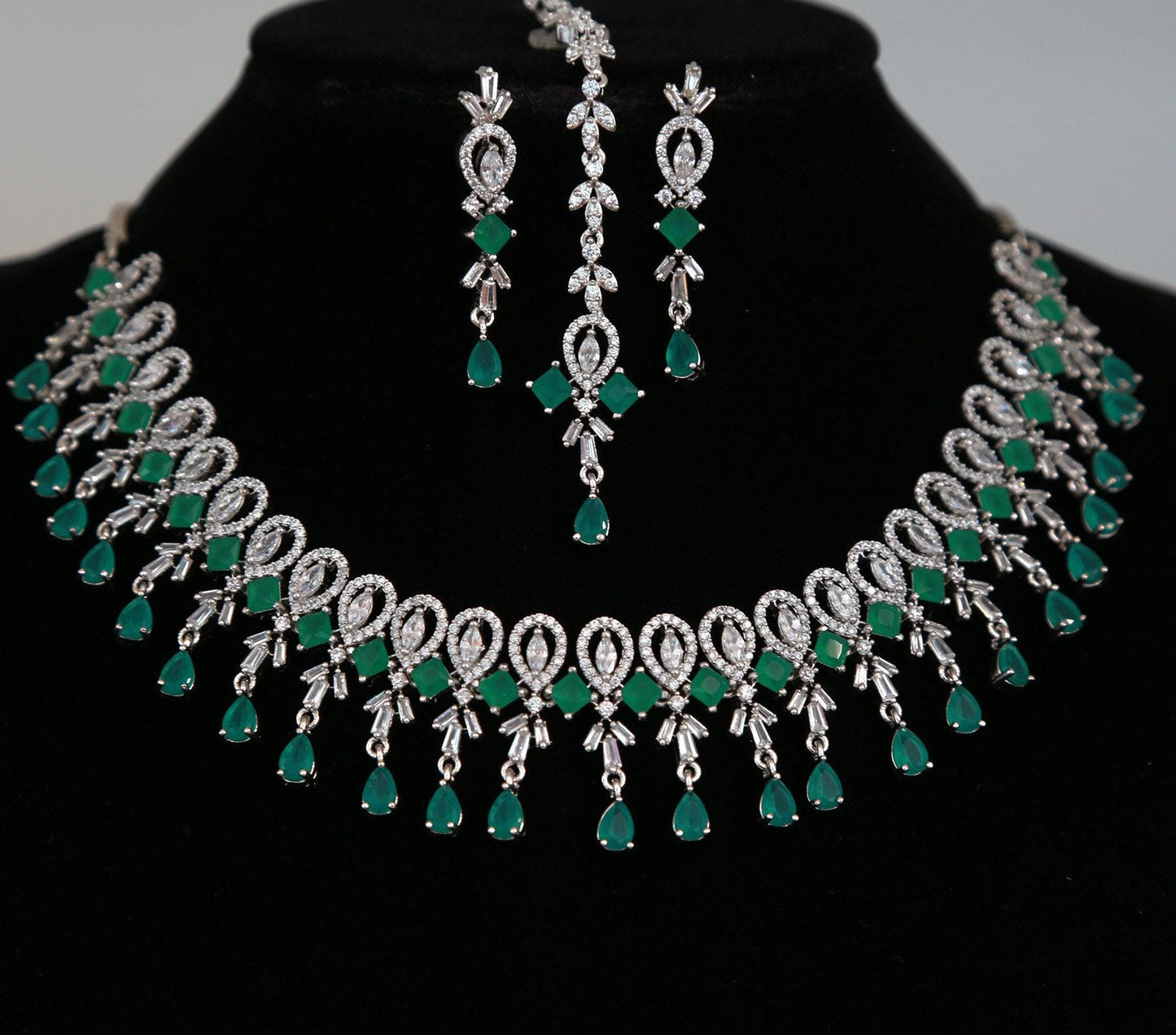 Silver american diamond crystal necklace earring set| ad stone choker mang tikka jewelry| ruby emerald stone indian jewelry| gift for her