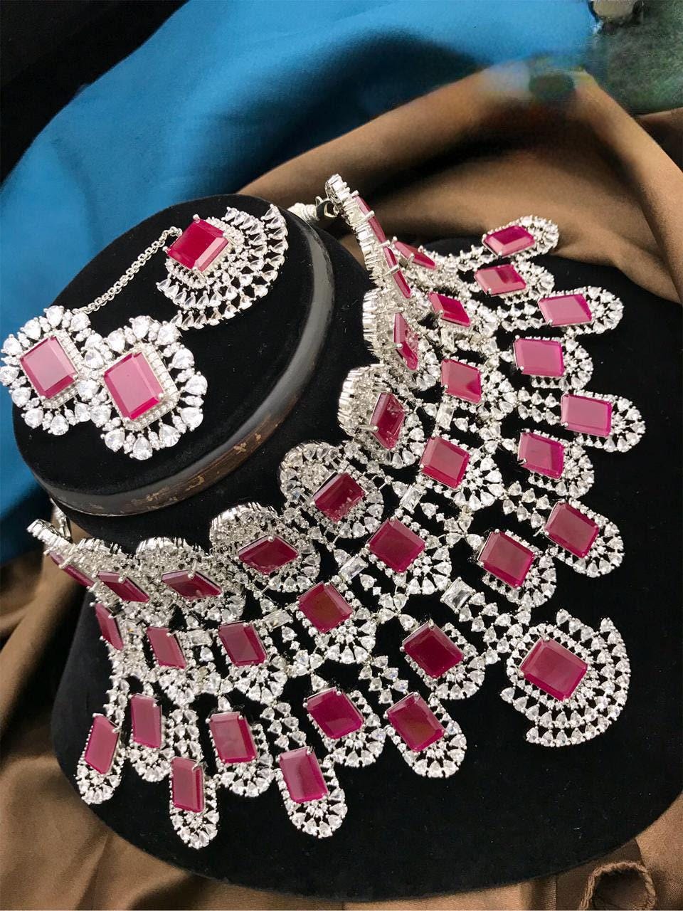 Kiara advani wedding choker necklace|bollywood wedding jewelry| pink stone cz diamond necklace|statement american diamond pink bridal set
