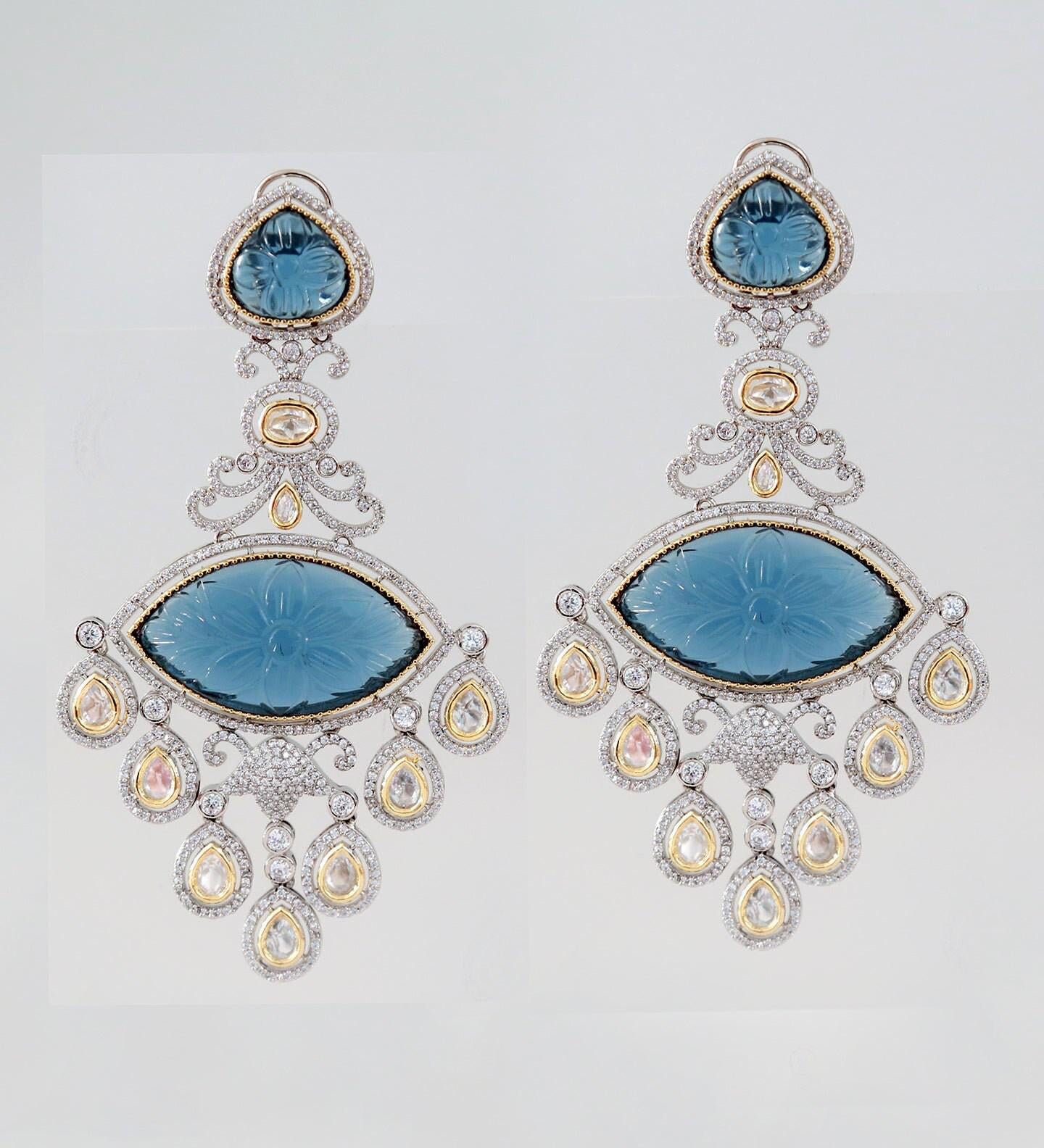 Carved stone earrings | long statement earrings | american diamond earrings kundan stones | bollywood jewelry | pakistani kundan earrings