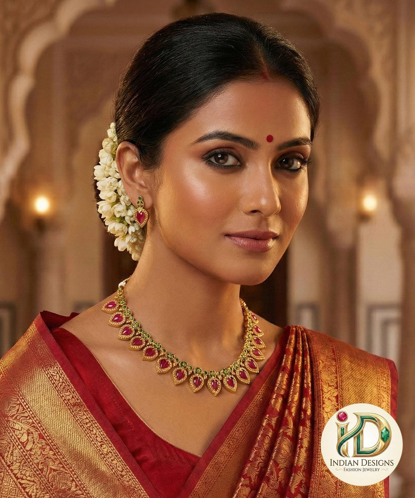 South Indian Style Gold Necklace Set with Ruby & Green Stones |Traditional Necklace with Earrings| Wedding Party jewelry| Gift for her