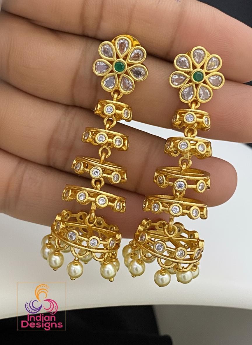 Gold plated jhumka earrings| kundan floral tops with pearl drops| lightweight