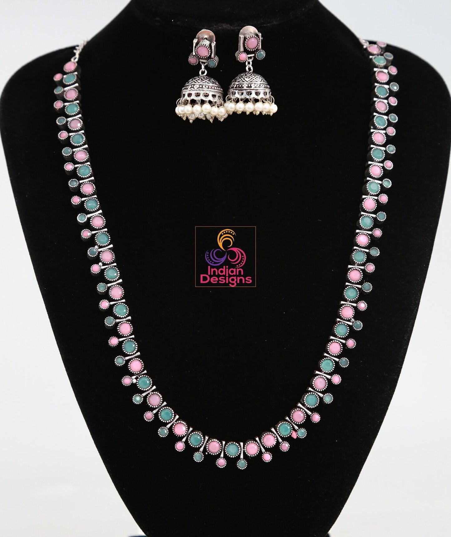 Oxidized long necklace set | german silver indian oxidized necklace and earrings set in turquoise, emerald, and ruby tones | boho jewelry