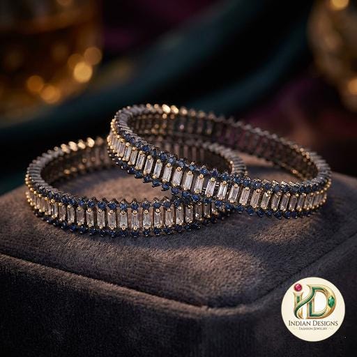 Oxidized Gold Tone Emerald CZ Bangles Set 2.8 Size| Antique Finish AD Stone Indian Bracelet| Baguette Cubic Zirconia Bangles| Gift for her