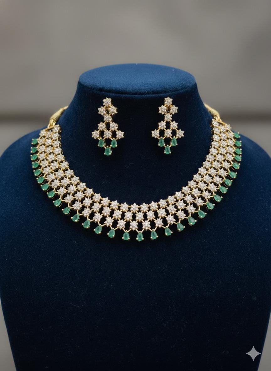 Bollywood White Crystal Triple Rows Star Intricate Design with Green CZ Necklace|American Diamond Jewelry|Indian Wedding Bridal Necklace