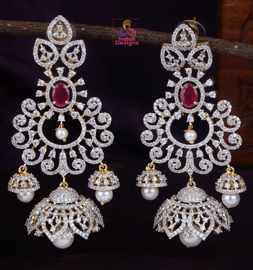 American diamond jhumka earrings| cz american diamond long jhumka drop earrings| ruby green purple stone jhumkis| indian party wear earrings