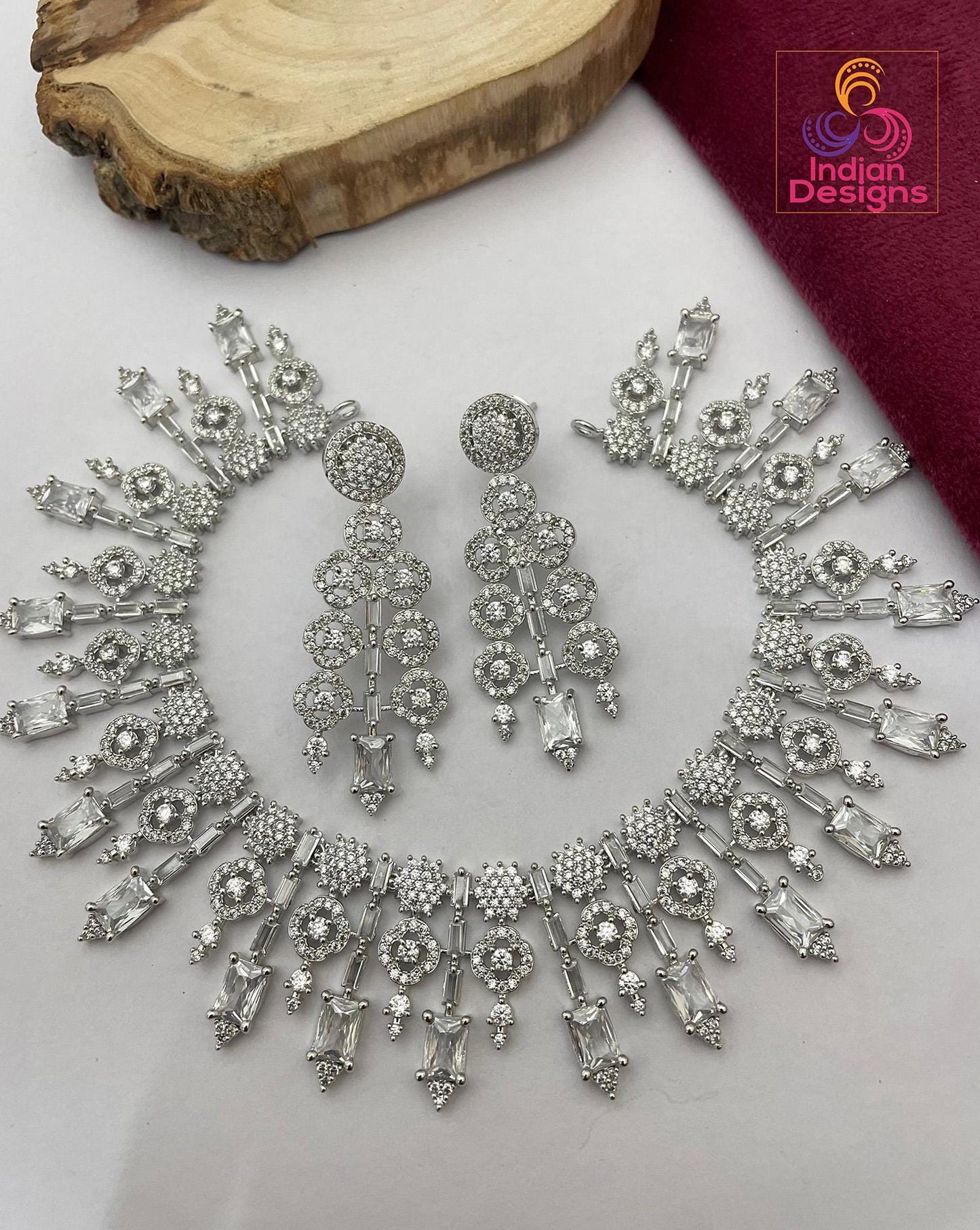 Silver plated american diamond necklace set & matching earrings| wedding statement jewelry| luxury blue stone necklace| party wear necklace