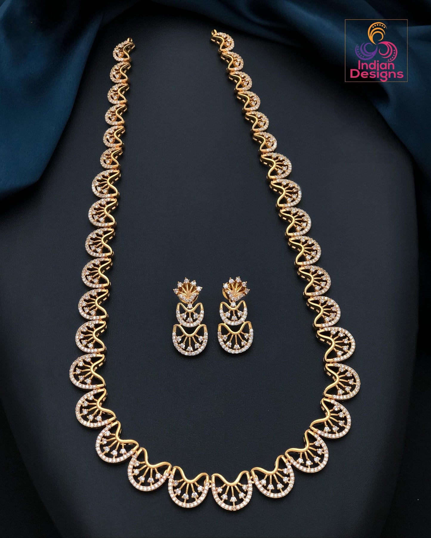 American diamond long necklace set| ruby, emerald & white variants| matte gold south indian jewelry| lightweight ad necklace| gift for her