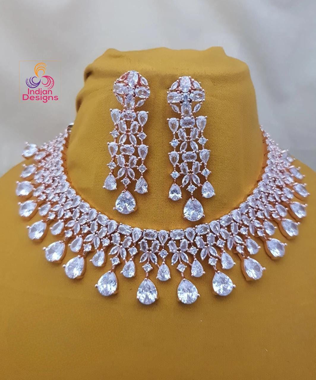 Rose gold Emerald Green American Diamond necklace|High Quality Cz Diamonds Mint Green stone Necklace Earrings Set|Indian WeddingJewelry| Gif