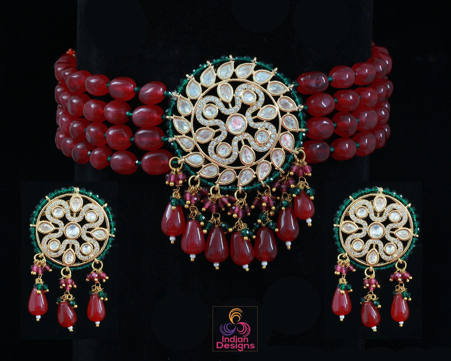 Multi-layered beaded kundan necklace & earrings set| indian wedding jewelry with pearls and stones| traditional gold tone jewelry 4 weddings