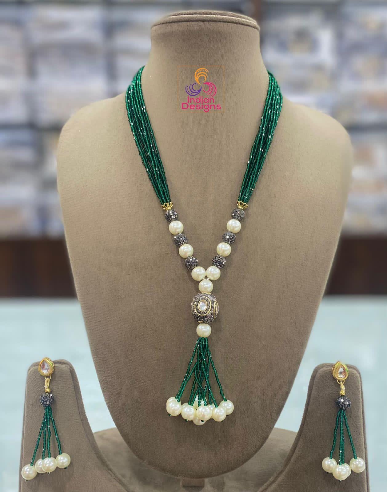 Beaded pearl necklace set with tassels| elegant magenta and green bead necklace with pearl drops| traditional indian jewelry| gift for her