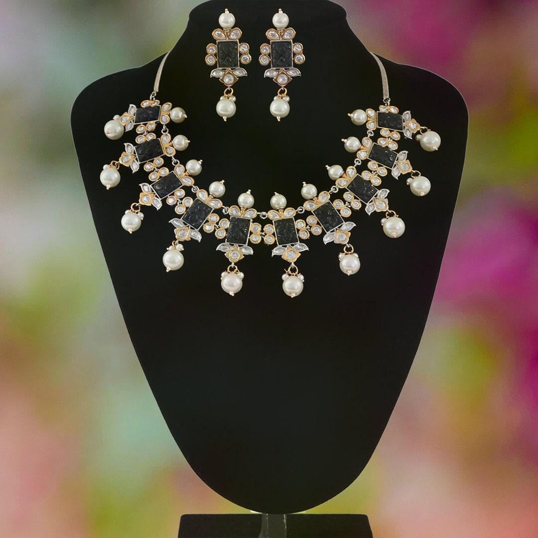 Pearl kundan choker with low price, Gold plated carved stone jewelry, Pink stone Wedding statement necklace earrings |Indian Designs Jewelry