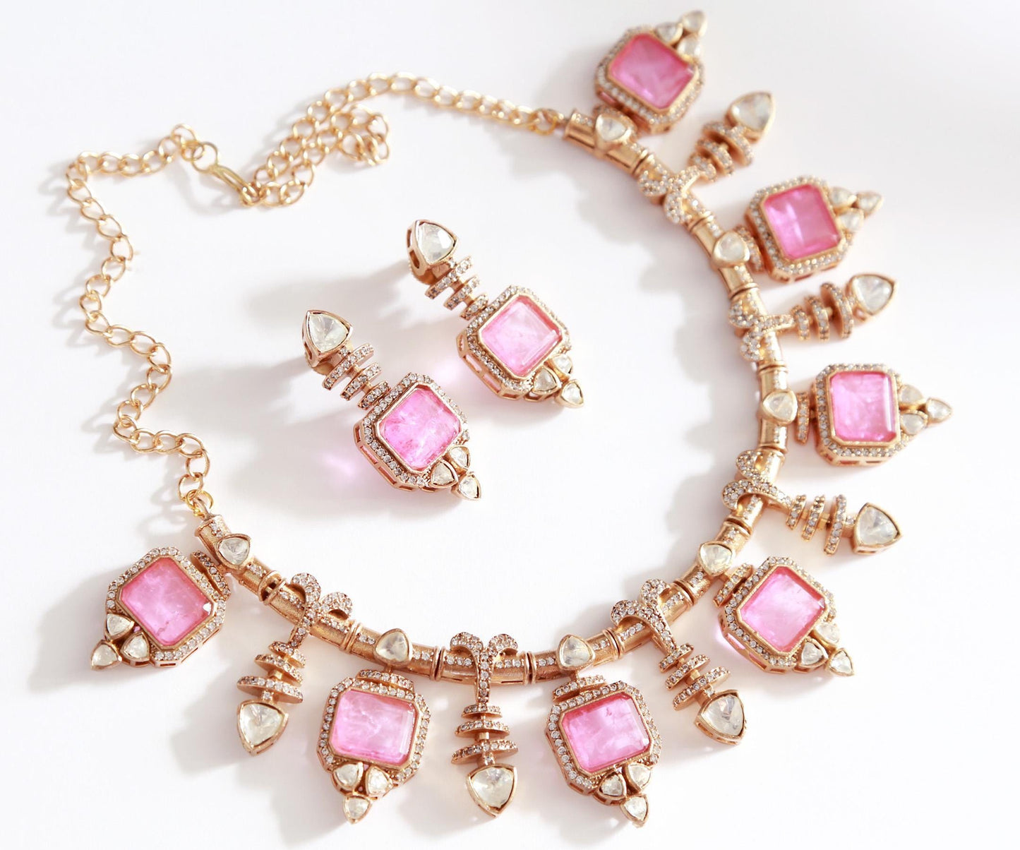 Pink Doublet and Moissanite Stone Necklace & Earring Set| Victorian Gold Purple Kundan Sabyasachi Inspired Jewelry| Statement necklace set